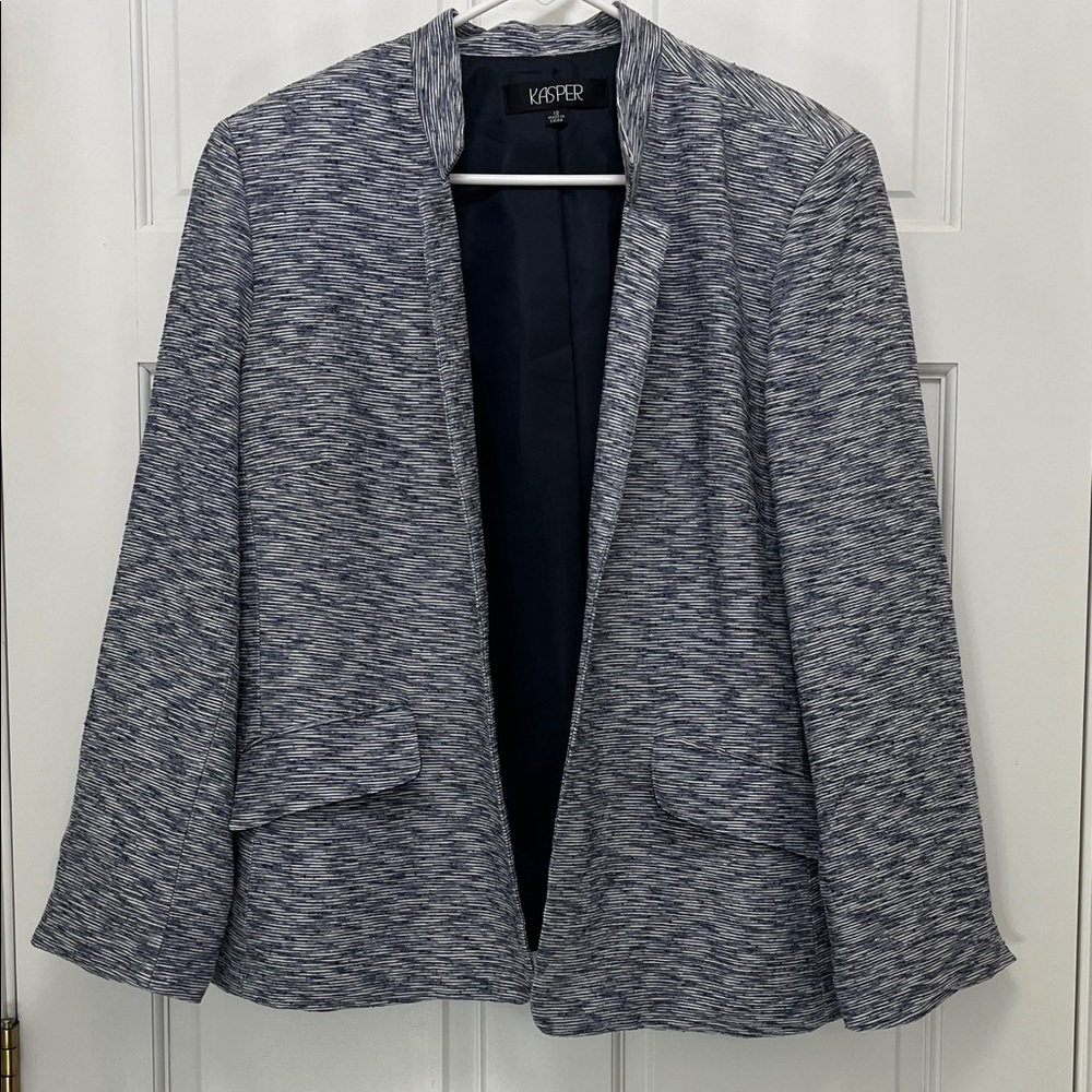 Vintage Kasper Open Front Textured Blue & White Silk Blend Blazer - Size 22